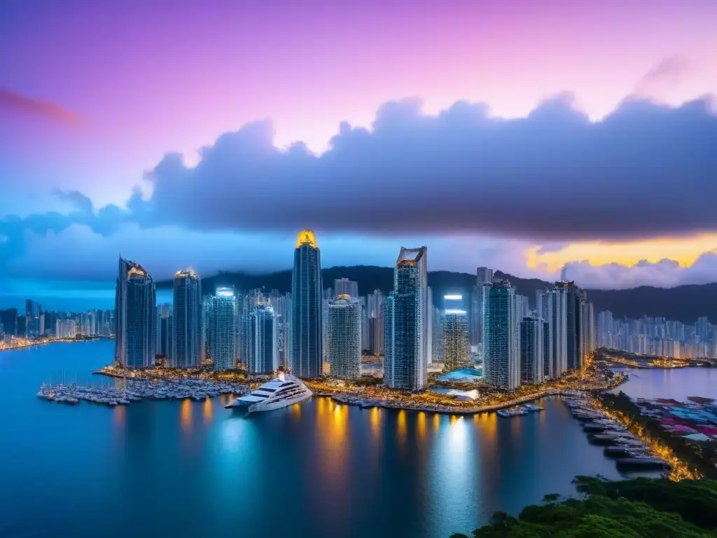 Panamá City: atardecer en la metrópolis brillante Espectacular skyline de Panamá al atardecer, reflejando luces en el mar, ideal para inversionistas globales en bienes raíces
