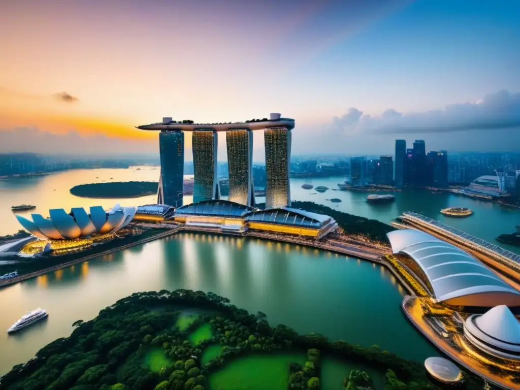 Horizonte de Singapur al atardecer: modernidad y prosperidad urbana Espectacular skyline de Singapur al atardecer, reflejando la modernidad y el crecimiento del mercado inmobiliario internacional Asia