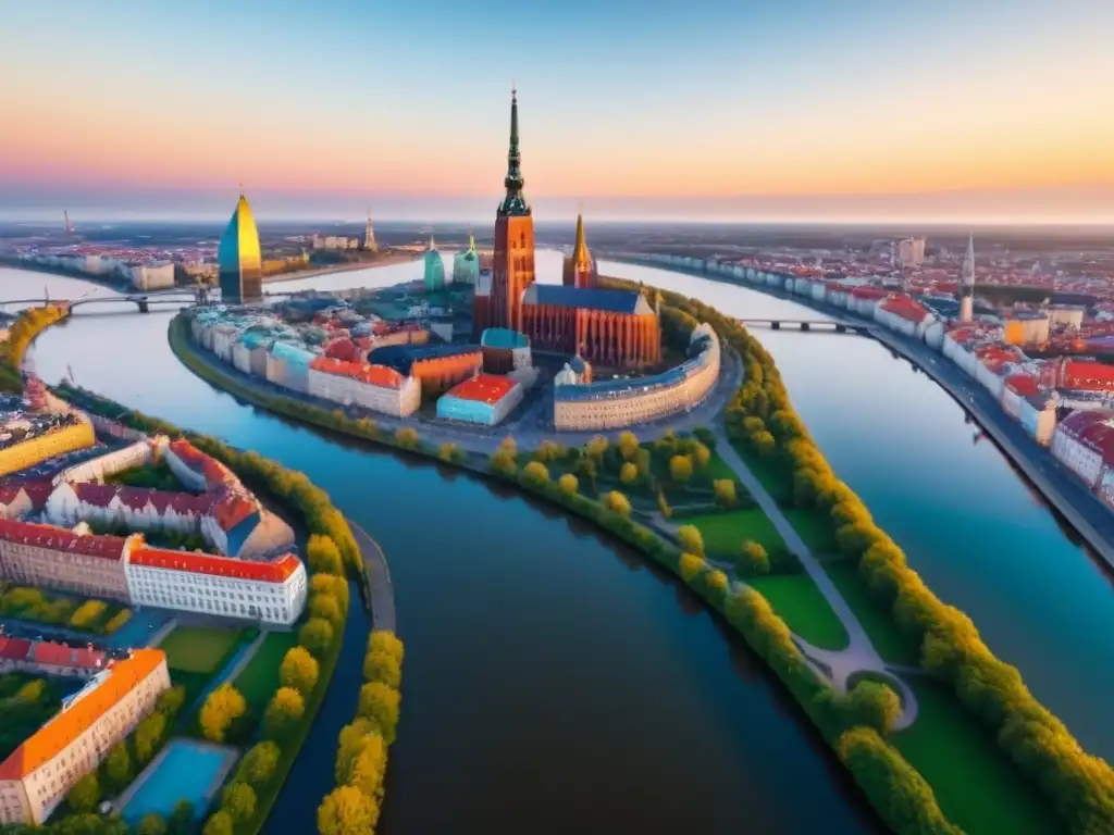 Skyline de Riga al atardecer: fusión histórica y moderna Espectacular skyline de Riga, Letonia, en atardecer vibrante sobre el río Daugava