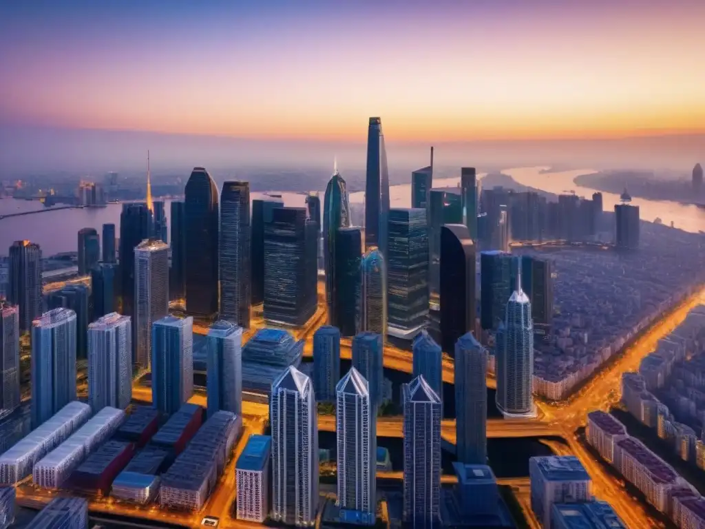 Horizonte global: inversiones inmobiliarias internacionales Espectacular skyline de ciudad diversa con modernos rascacielos iluminados por la puesta de sol