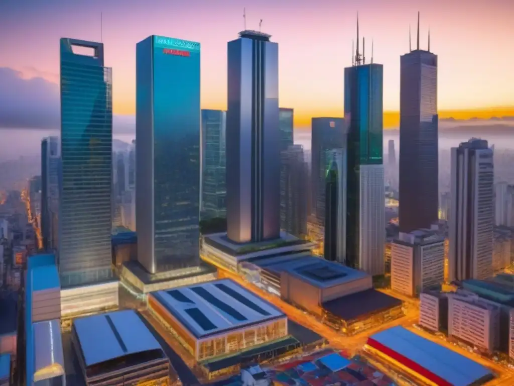 Oportunidades de inversión: Skyline moderno de América Latina Espectacular skyline de una ciudad latinoamericana con rascacielos modernos, mercados callejeros y una diversa comunidad de inversores