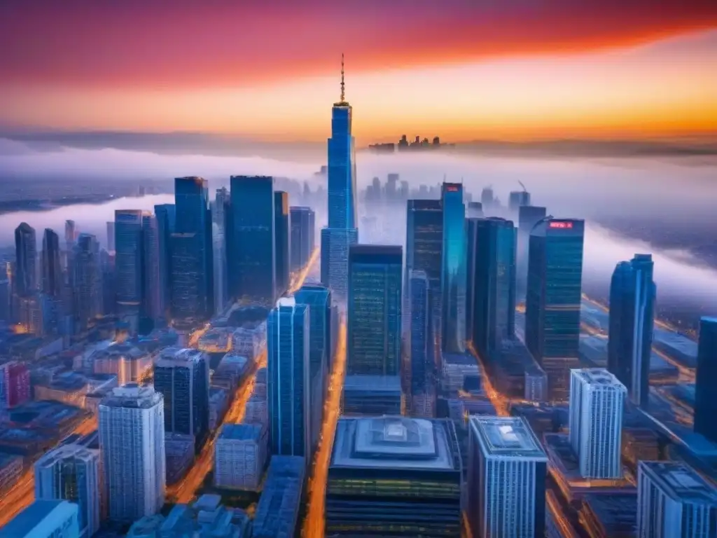 Horizonte urbano al atardecer: mercado inmobiliario global en auge Espectacular skyline de una ciudad moderna, reflejando la actividad del mercado inmobiliario global al atardecer