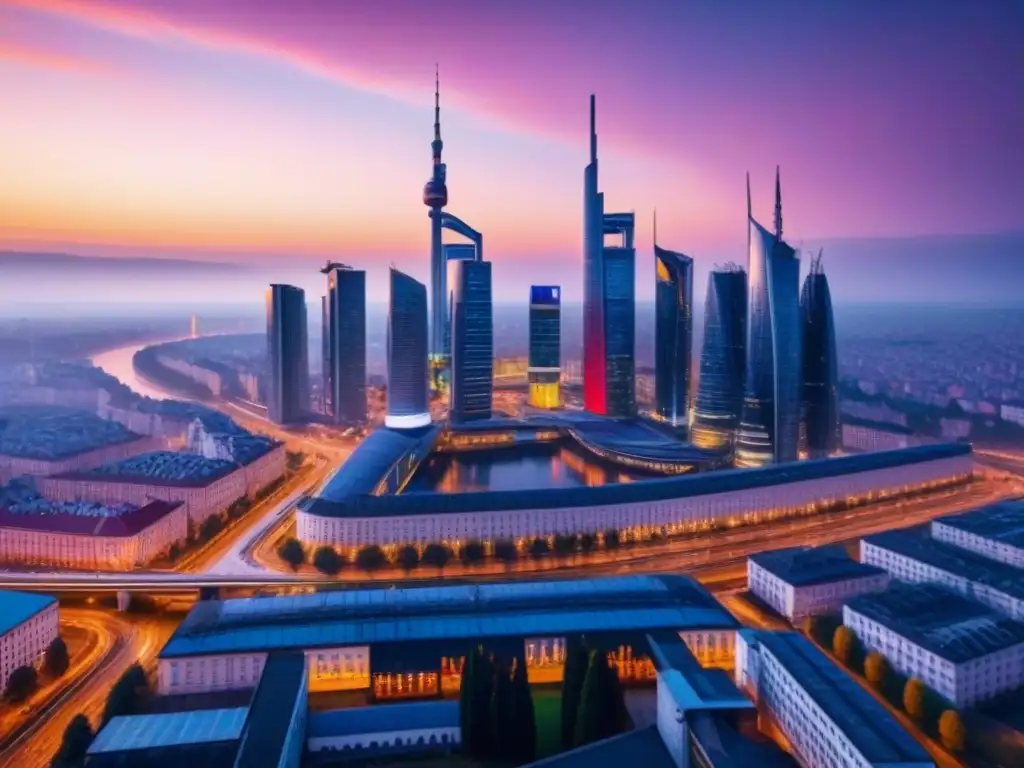 Horizonte futurista en Europa del Este: metrópolis innovadora al atardecer Espectacular skyline futurista de una ciudad en Europa del Este, con rascacielos innovadores y atardecer dorado