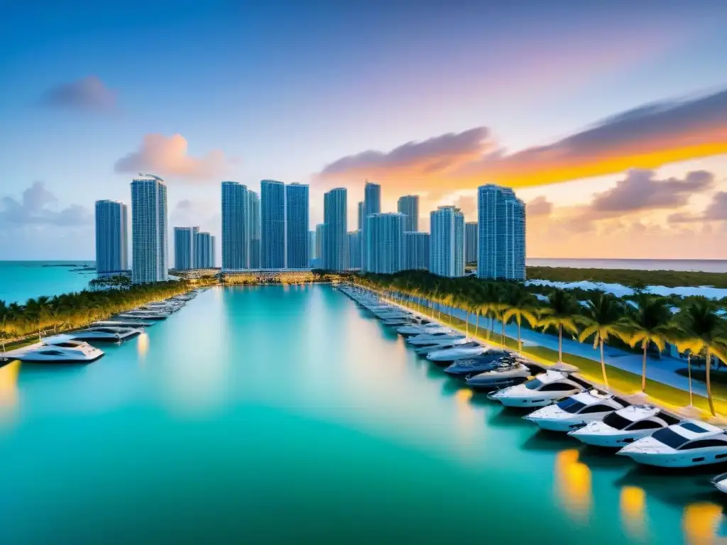 Horizonte de Miami al anochecer: lujo y elegancia frente a la bahía Espectacular skyline de Miami al anochecer, reflejando luces en Biscayne Bay