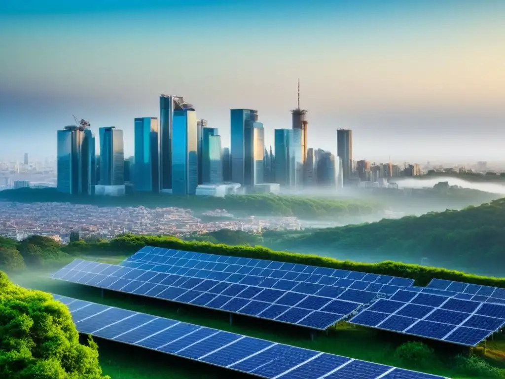 Horizonte urbano eco-friendly y moderno Espectacular skyline moderno con rascacielos ecológicos rodeados de vegetación y paneles solares, bajo un cielo azul