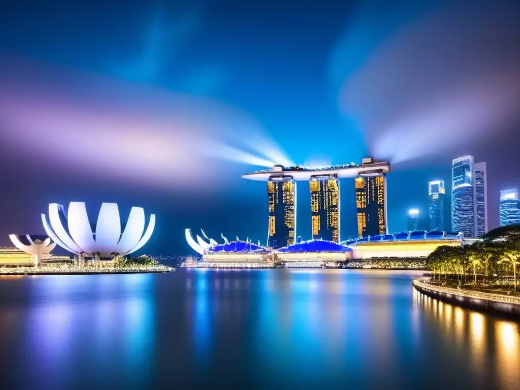 Skyline de Singapur de noche: Marina Bay Sands y rascacielos iluminados Espectacular skyline nocturno de Singapur con el hotel Marina Bay Sands y rascacielos brillantes