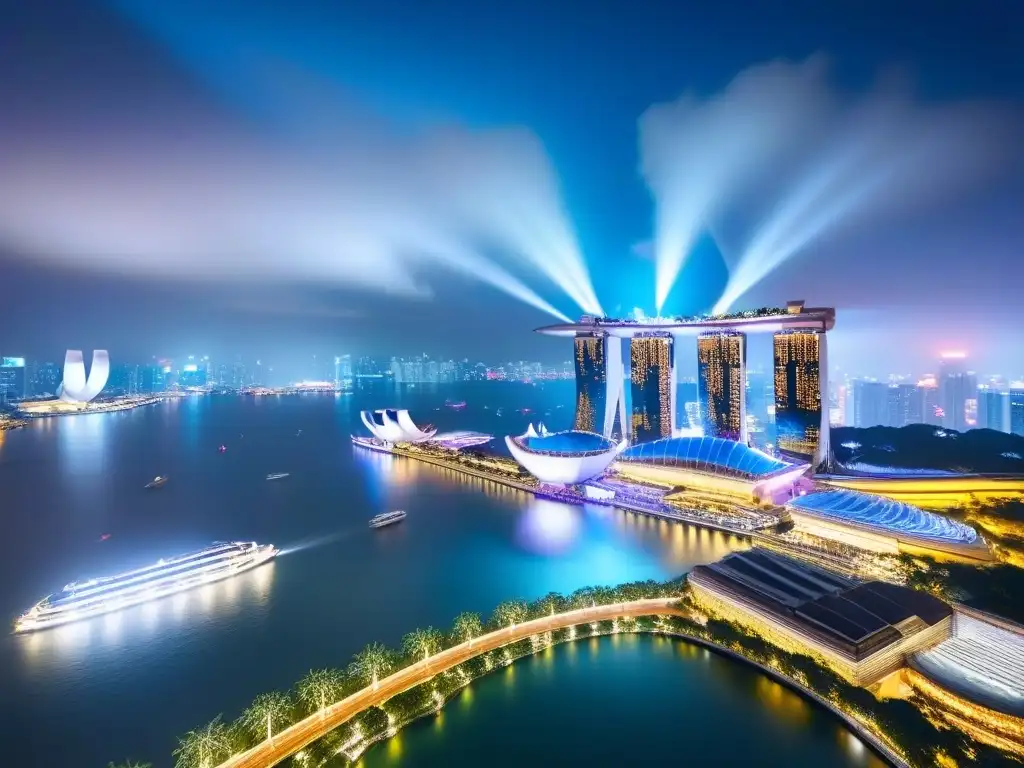Espectacular panorama nocturno de Singapur: luces y arquitectura moderna Espectacular skyline nocturno de Singapur, fusionando rascacielos modernos con casas tradicionales iluminadas