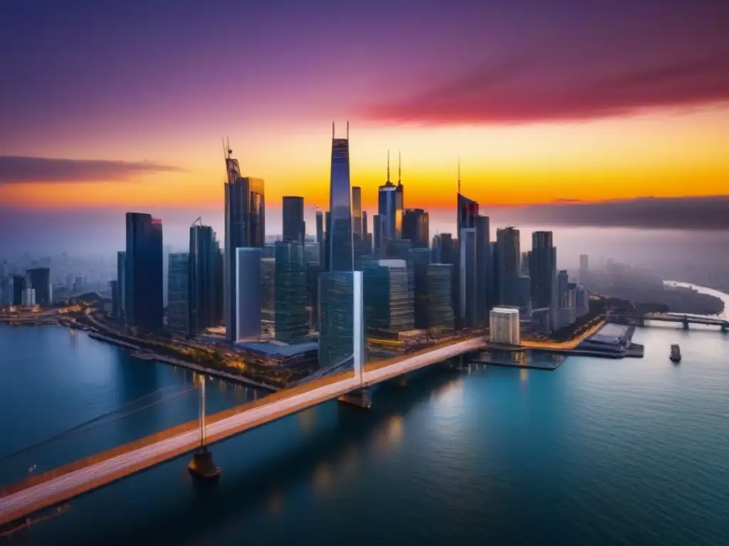 Horizonte urbano al atardecer: estabilidad en inversiones inmobiliarias Espectacular skyline urbano al atardecer reflejando estabilidad y crecimiento en inversiones inmobiliarias ante fluctuaciones cambiarias
