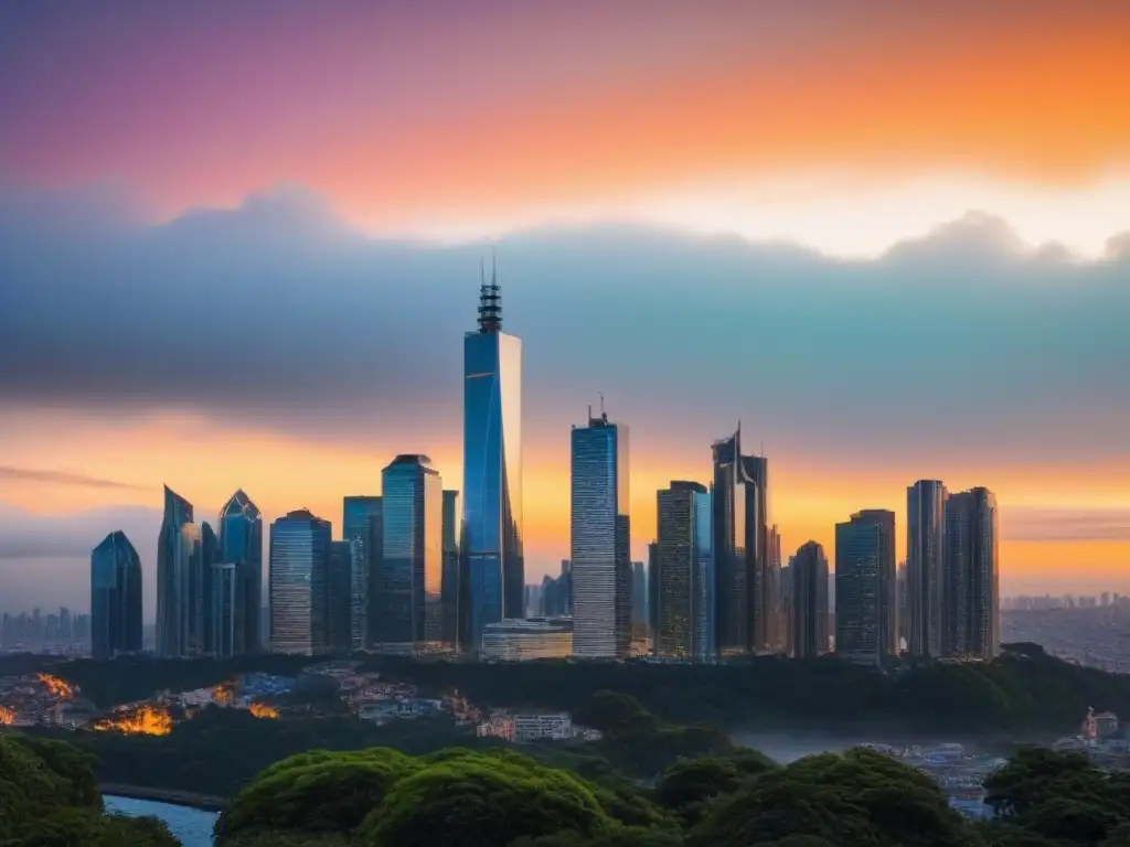 Horizonte urbano moderno en atardecer dorado Espectacular skyline urbano al atardecer, reflejando la vitalidad del mercado inmobiliario