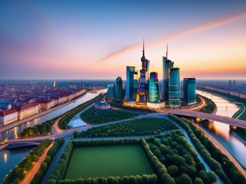Skyline de Varsovia al atardecer: fusión de historia y modernidad Espectacular skyline de Varsovia, Polonia, durante un vibrante atardecer