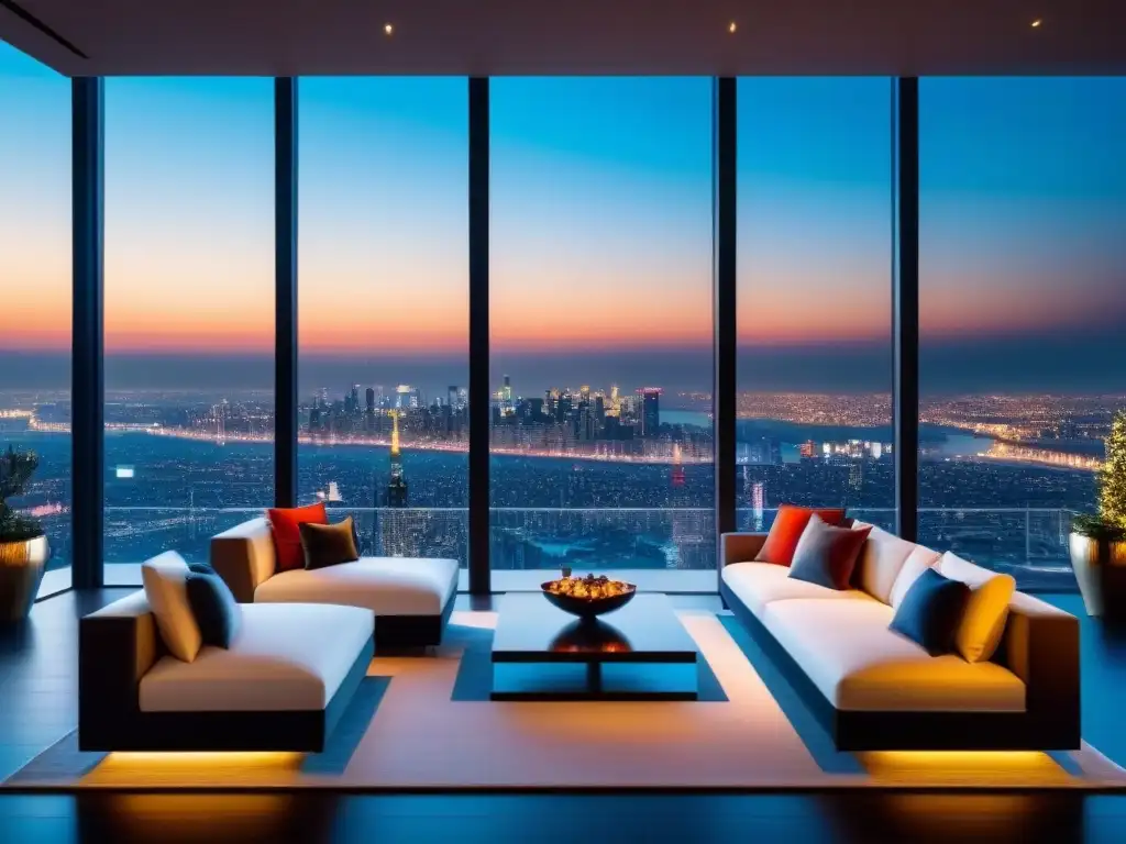 Penthouse de lujo con piscina infinita y vistas panorámicas nocturnas Espectacular penthouse ultramoderno con vistas a la ciudad de noche