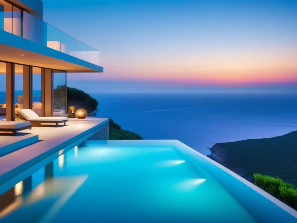 Villa de lujo con vistas al mar Mediterráneo Espectacular villa de alquiler vacacional en el Mediterráneo, lujo y exclusividad al borde del acantilado al atardecer