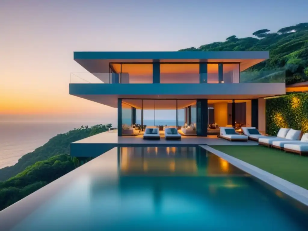 Villa de lujo en acantilado con piscina infinita al atardecer Espectacular villa de lujo en acantilado con diseño moderno y piscina infinita, tendencias diseño villas vacacionales lujo