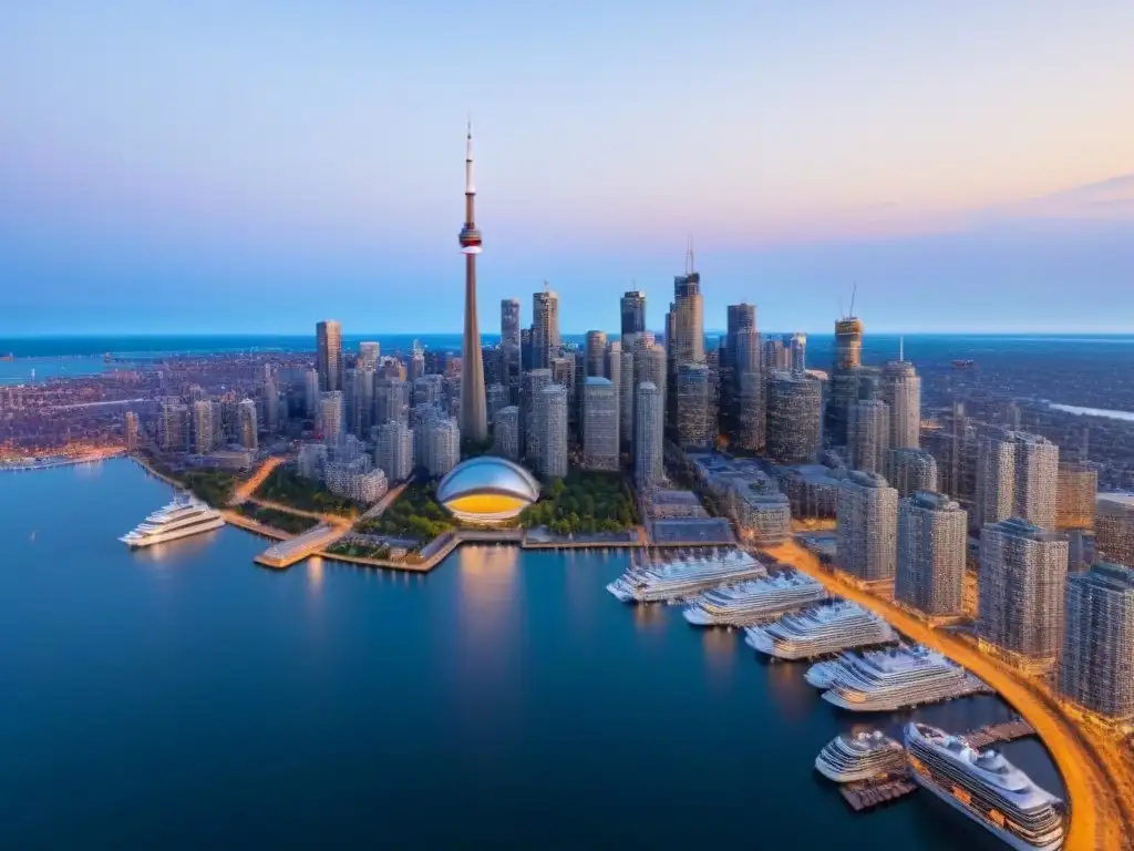 Espectacular atardecer en Toronto: CN Tower y rascacielos modernos brillan en la luz dorada sobre el lago Ontario Espectacular vista aérea de Toronto al atardecer con la icónica CN Tower y modernos rascacielos iluminados