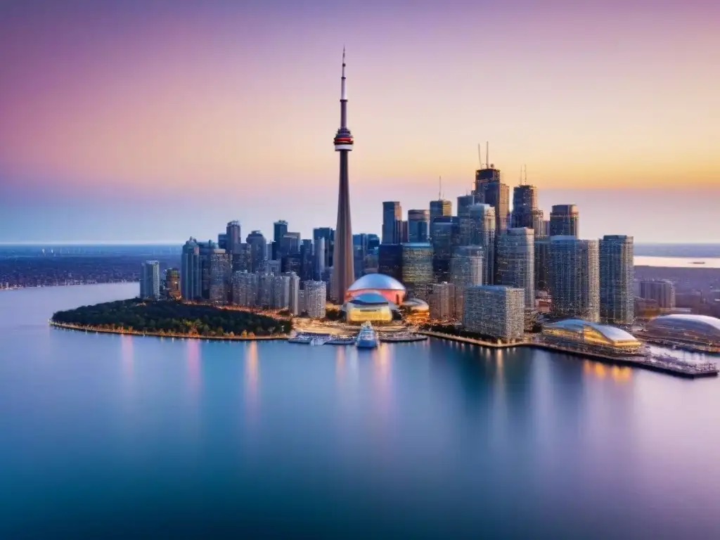 Espectacular vista aérea del skyline de Toronto al atardecer con la CN Tower destacando entre rascacielos modernos y el lago Ontario reflejando los tonos cálidos del sol Espectacular vista aérea del atardecer en Toronto con la Torre CN y rascacielos modernos