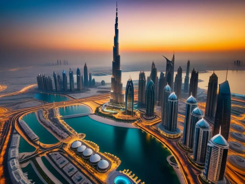 Esplendor urbano: Dubai al atardecer Espectacular vista aérea del futurista skyline de Dubai con el icónico Burj Khalifa entre propiedades de lujo Medio Oriente al atardecer