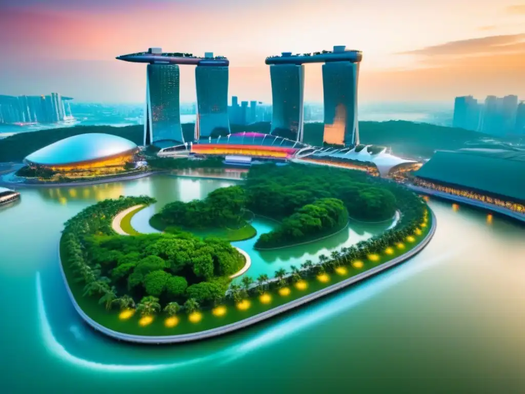 Horizonte futurista de Singapur: lujo en Marina Bay Espectacular vista aérea del futurista horizonte de Singapur con Marina Bay Sands, Gardens by the Bay y la bahía iluminada al atardecer