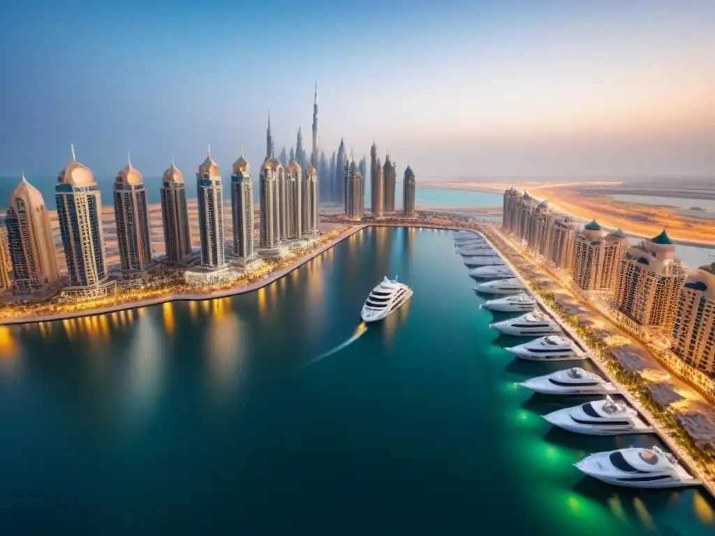Marina de Dubai al anochecer: lujo y modernidad en el horizonte Espectacular vista aérea de la lujosa Dubai Marina al atardecer, con rascacielos iluminados reflejándose en el agua