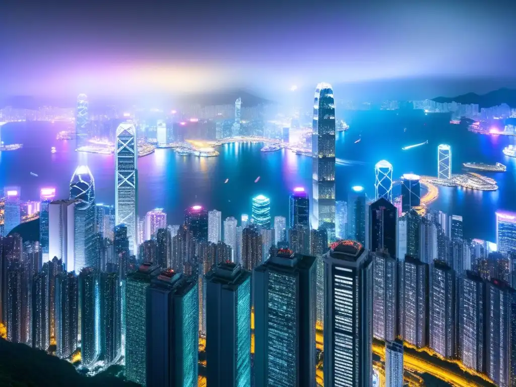 Esplendor nocturno: luces y lujo en el skyline de Hong Kong Espectacular vista aérea de Hong Kong de noche, con luces brillantes en rascacielos de lujo