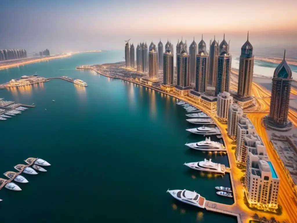 Esplendor nocturno en Dubai Marina: lujo y opulencia en el Golfo Pérsico Espectacular vista aérea nocturna de la Marina de Dubái, reflejando lujo y opulencia en inversión propiedades lujo Medio Oriente