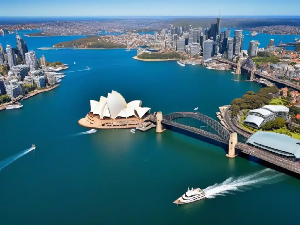 Maravilla arquitectónica: Ópera y Puente en Sydney Espectacular vista aérea de la Ópera de Sídney y el puente del puerto, destacando la arquitectura icónica de Australia
