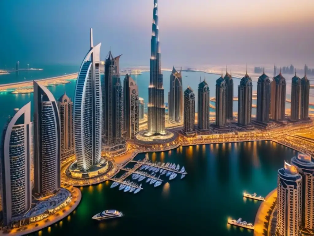 Esplendor nocturno: Dubai Marina y la majestuosa Cayan Tower Espectacular vista aérea de la Marina de Dubái al anochecer, reflejando la opulencia de la inversión en propiedades de lujo en Medio Oriente