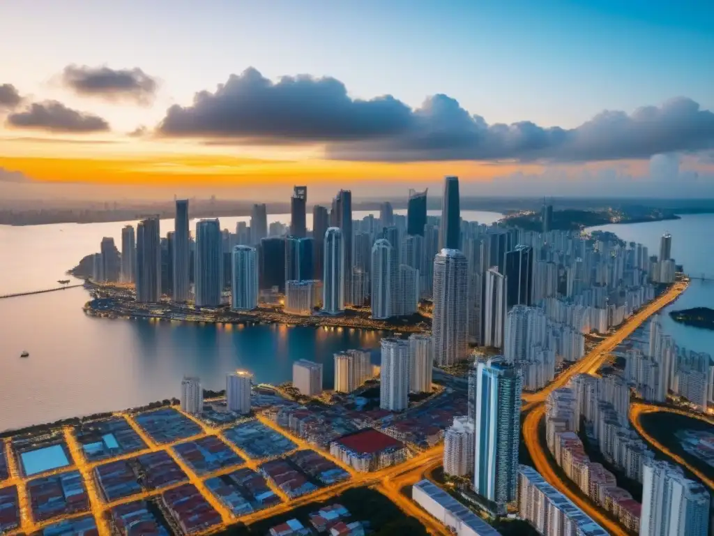 Panamá: modernidad y oportunidades inmobiliarias al atardecer Espectacular vista aérea de la icónica panorámica de la ciudad de Panamá al atardecer, resaltando la inversión inmobiliaria internacional Panamá