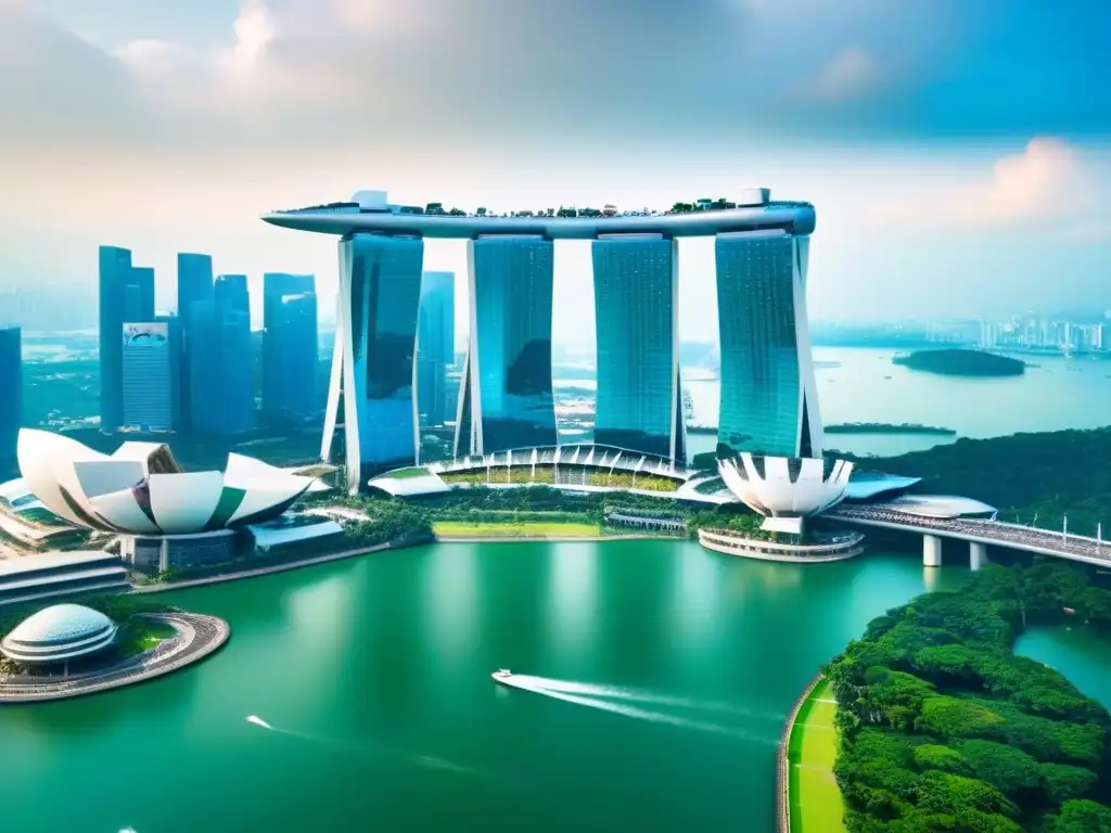 Horizonte de Singapur: lujo y naturaleza en Asia Espectacular vista aérea de Singapur con Marina Bay Sands y rascacielos futuristas, resaltando el mercado inmobiliario lujo Asia análisis