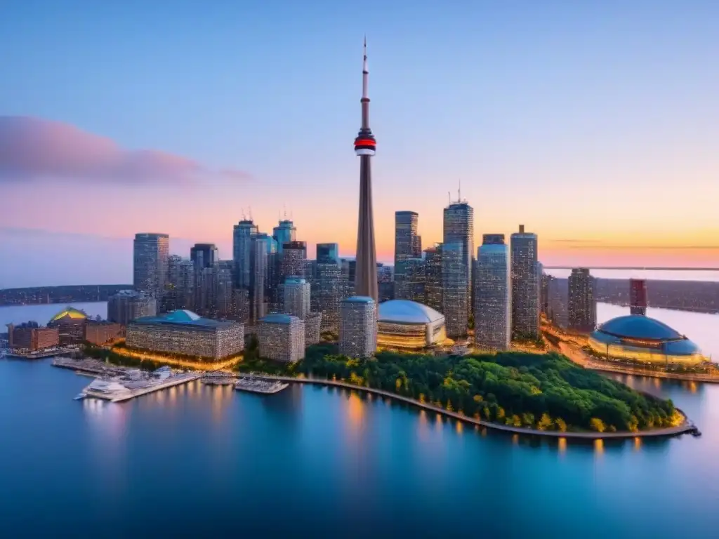 Espectacular vista aérea del skyline de Toronto al anochecer Espectacular vista aérea del skyline de Toronto al anochecer, con la CN Tower iluminada y luces de la ciudad reflejadas en el lago Ontario