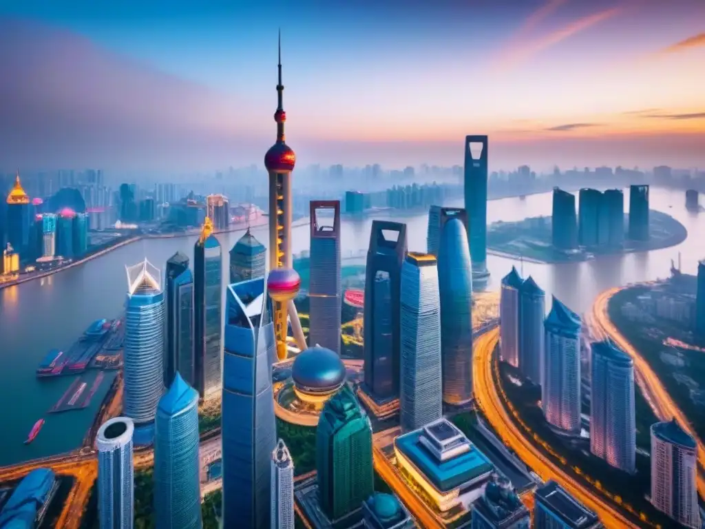 Horizonte de Shanghai al atardecer: modernidad y tradición en armonía Espectacular vista aérea del skyline de Shanghai al atardecer, con edificios modernos iluminados por una cálida luz dorada
