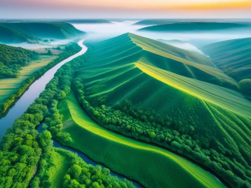 Tierra virgen: Belleza natural lista para inversión Espectacular vista aérea de terrenos sin desarrollar con colinas, vegetación exuberante y río, ideal para estrategias venta terrenos sin desarrollar