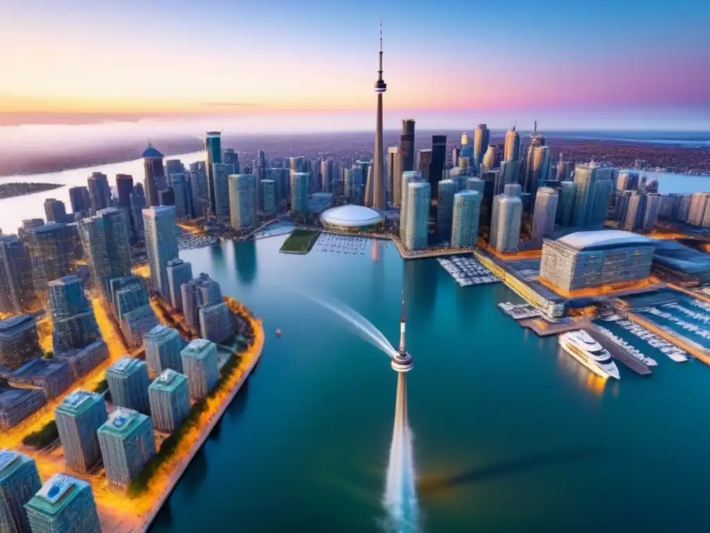 Espléndida vista aérea de Toronto: CN Tower y atardecer en el agua Espectacular vista aérea de Toronto, Canadá, con la Torre CN destacando entre rascacielos