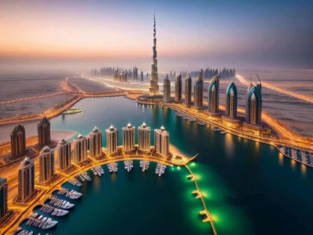 Esplendor nocturno: Dubai y el icónico Burj Khalifa brillan en el desierto Espectacular vista nocturna de Dubai con el Burj Khalifa iluminado, reflejando propiedades de lujo en ciudades internacionales