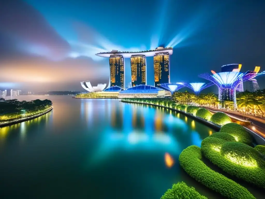 Espectacular skyline nocturno de Singapur: Marina Bay y Supertree Grove iluminados Espectacular vista nocturna de Singapur con el hotel Marina Bay Sands y los jardines futuristas iluminados, reflejados en la bahía