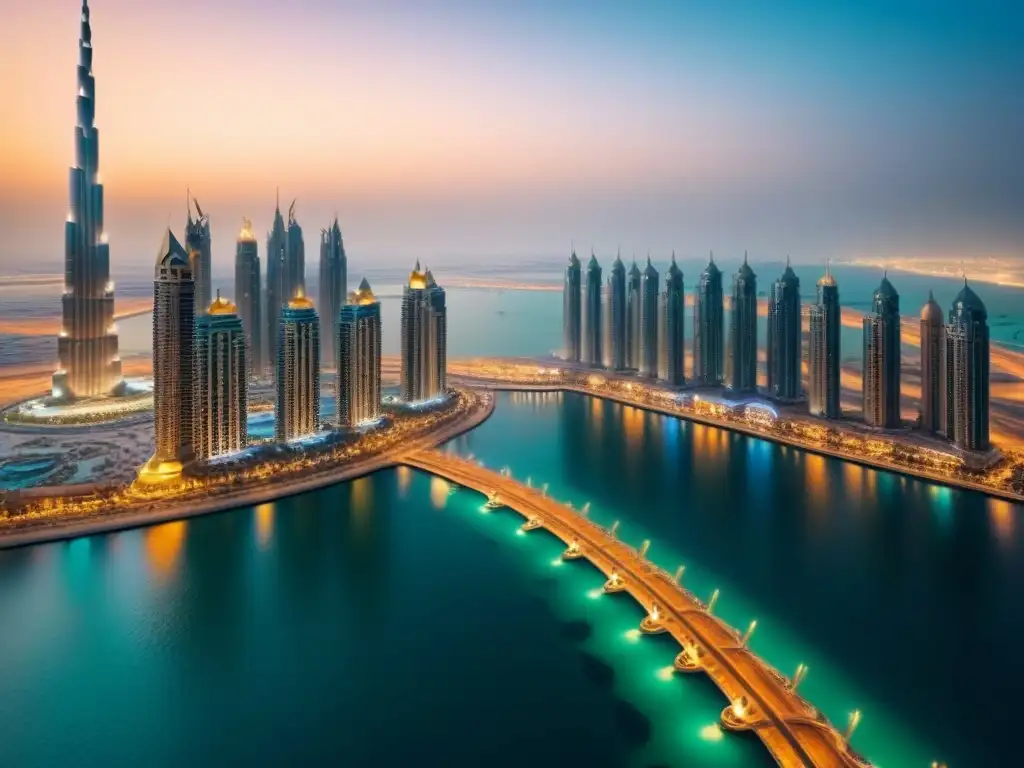 Espectacular skyline nocturno de Dubai: lujo y modernidad Espectacular vista nocturna de Dubái con rascacielos iluminados y el Burj Khalifa en el centro