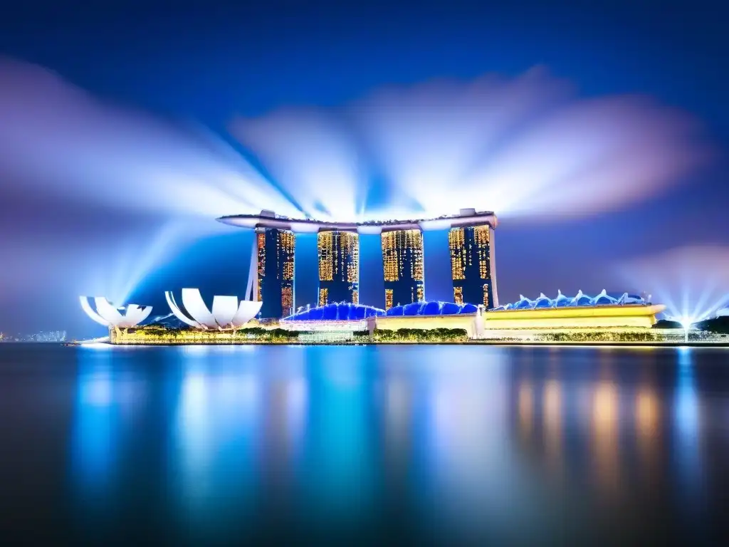 Horizonte futurista de Singapur: Marina Bay en la noche Espectacular vista nocturna de Singapur con rascacielos iluminados y Marina Bay Sands, ideal para inversionistas en ciudades asiáticas