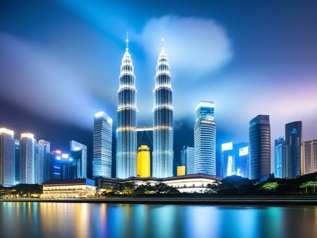 Esplendor nocturno: Petronas Twin Towers, Kuala Lumpur Espectacular vista nocturna de Kuala Lumpur con las Torres Petronas iluminadas, reflejándose en el río