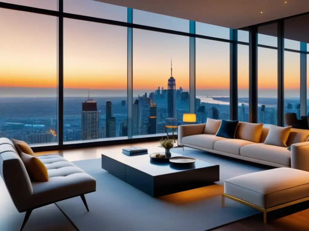 Salón de lujo con vista panorámica urbana al atardecer Espectacular salón de penthouse con vista panorámica de una ciudad al atardecer