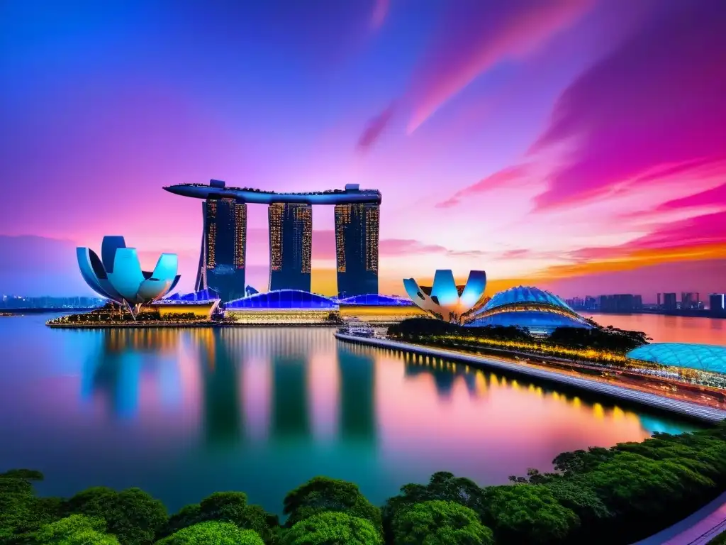 Espectacular vista panorámica de Singapur al anochecer Espectacular vista panorámica del skyline de Singapur al atardecer, con la inversión inmobiliaria Sudeste Asiático destacando en Marina Bay