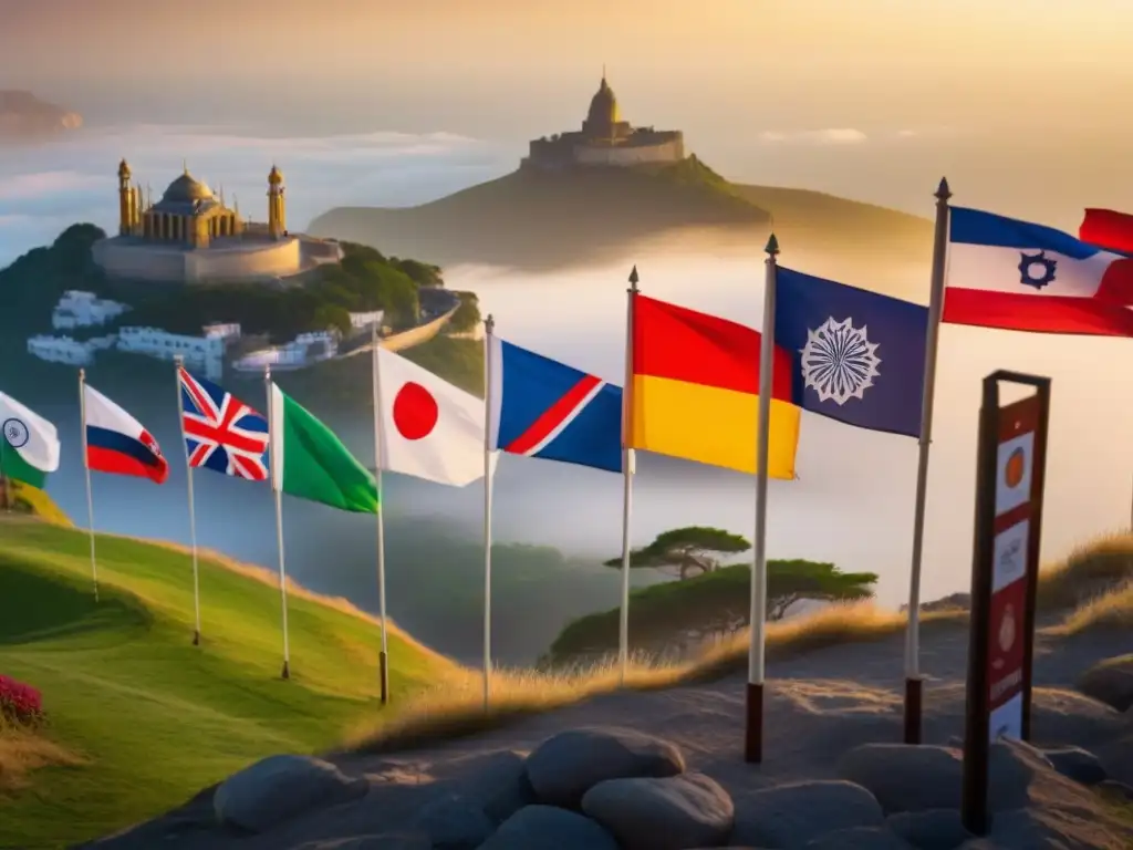 Bandera de regulaciones: paisajes y leyes ecológicas del mundo Un espectáculo de banderas internacionales ondeando frente a emblemáticos paisajes, simbolizando el marco regulatorio complejos turísticos ecológicos