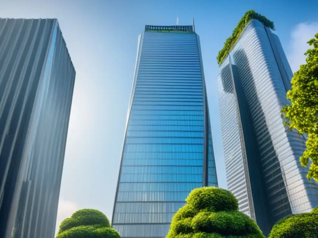 Rascacielos de cristal: elegancia urbana en la jungla de concreto Espejismo urbano: rascacielos de vidrio reflejante entre verdor y ciudad, simbolizando las fluctuaciones cambiarias en bienes raíces