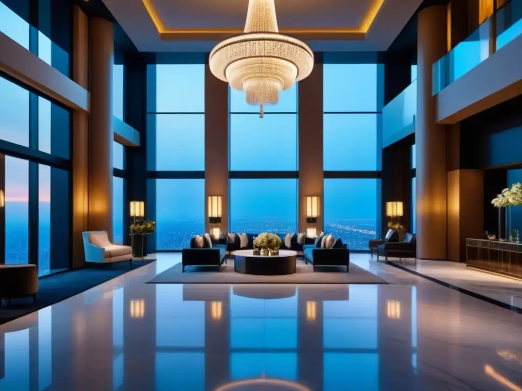 Espléndida iluminación en arquitectura de lujo: lobby ultramoderno, gran candelabro, suelo de mármol y vistas a la ciudad al anochecer