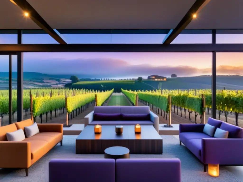 Viñedo de lujo al atardecer: degusta la elegancia moderna Espléndida bodega moderna al atardecer, ideal para inversiones internacionales en viñedos