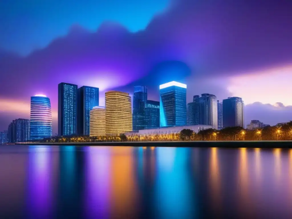 Horizonte urbano moderno al atardecer: luces y sofisticación Espléndida ciudad moderna al crepúsculo, con rascacielos brillantes reflejándose en un río sereno