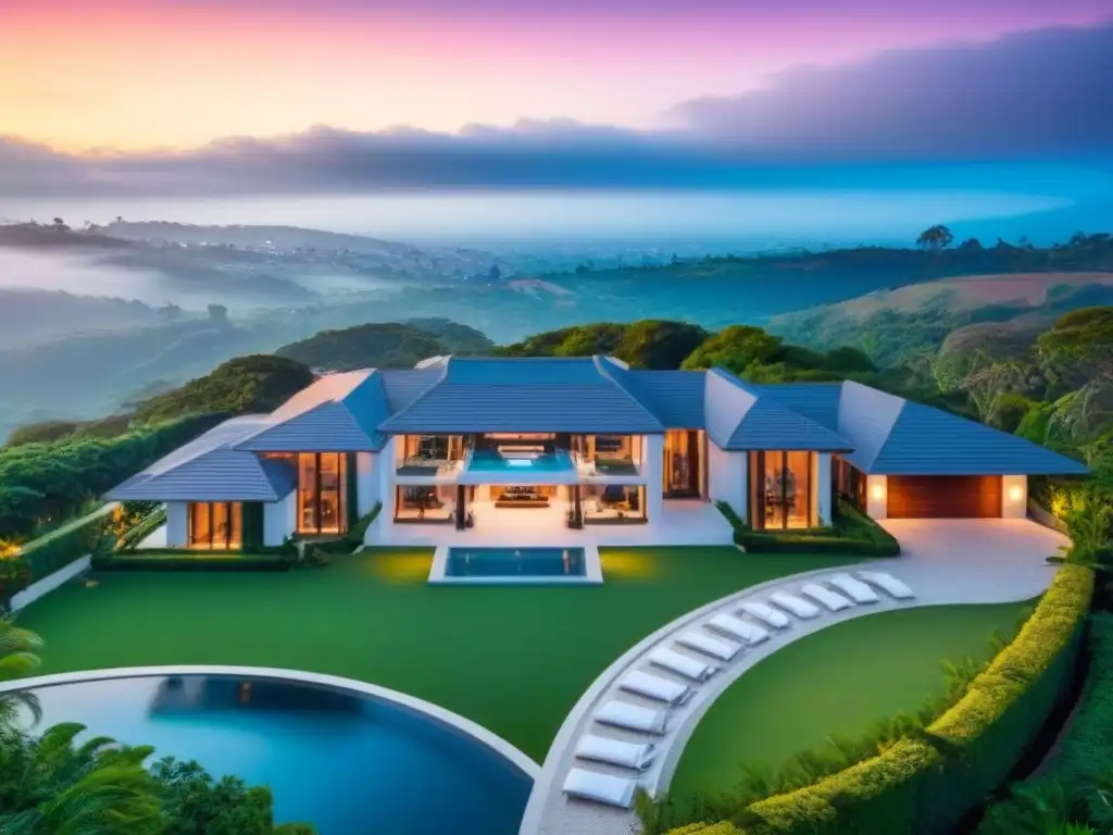 Espléndida mansión de lujo rodeada de jardines verdes y piscina, bajo un cielo vibrante al atardecer
