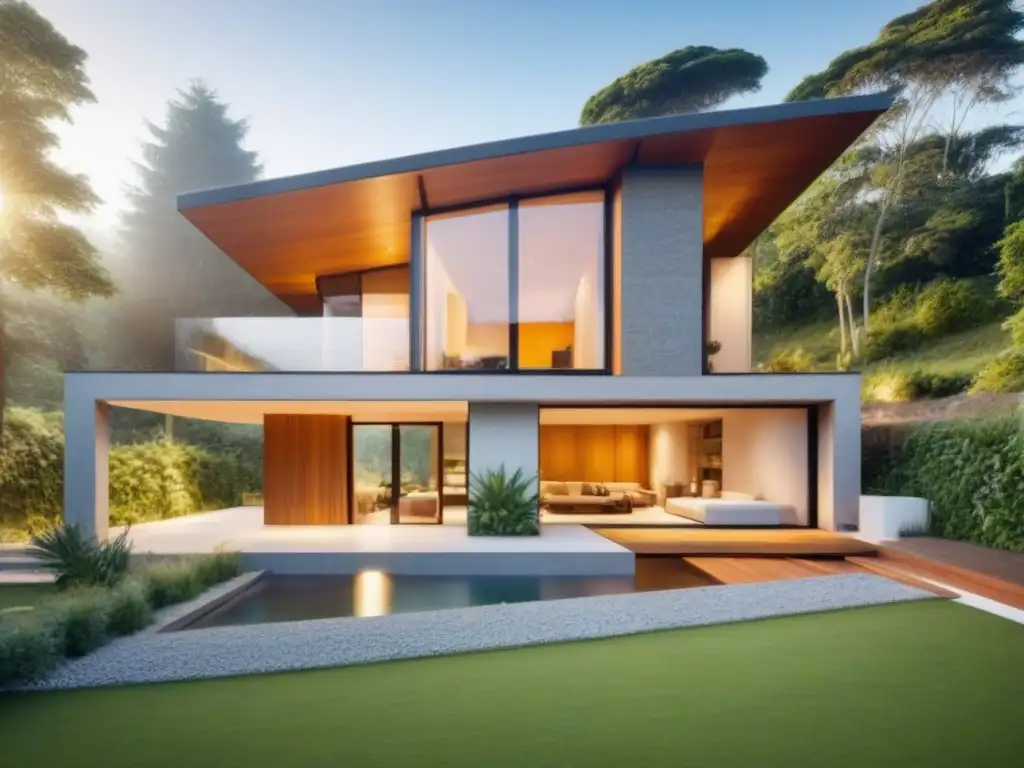 Casa ecológica moderna: diseño contemporáneo en armonía con la naturaleza Espléndida casa ecológica con materiales naturales internacionales rodeada de vegetación exuberante y luz cálida en la fachada