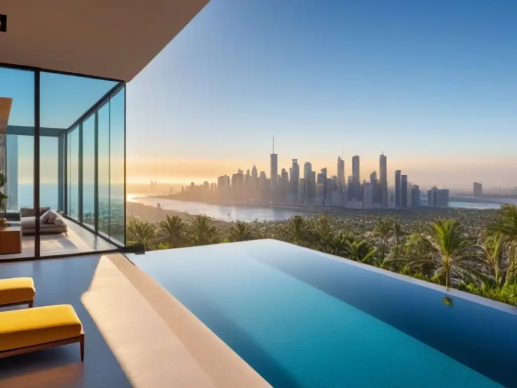 Mansión de lujo en la ciudad: arquitectura moderna y elegante Espléndida mansión moderna con piscina y ciudad al atardecer