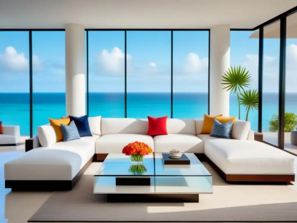 Salón de lujo frente al mar: decoración elegante para negociar timeshare Espléndida sala de estar moderna con vista a la playa, ideal para vender tiempo compartido