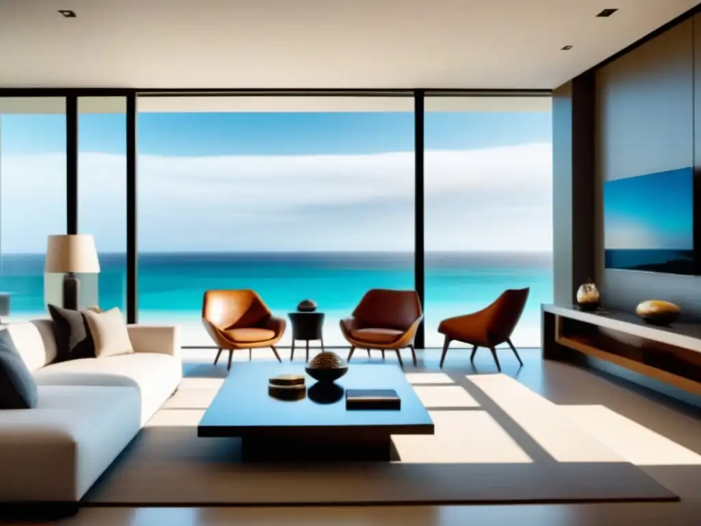 Salón de lujo frente al mar: claves para vender timeshares Espléndida sala moderna con vista a la playa, lujosa y relajante
