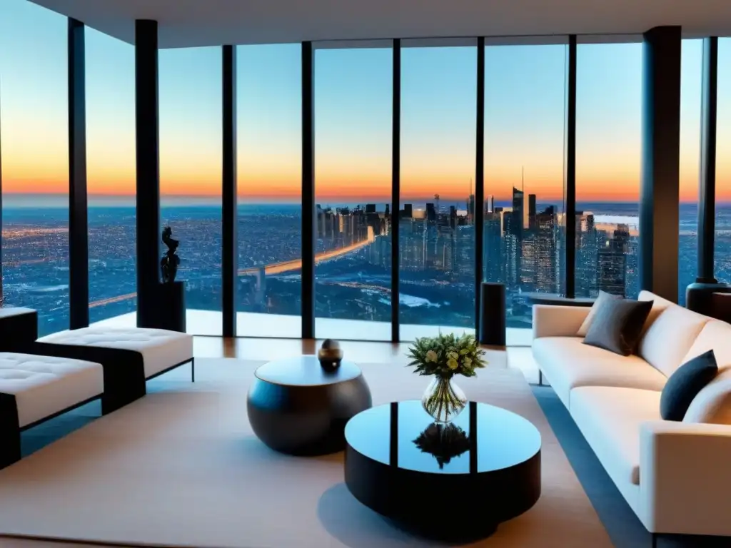 Espectacular sala de estar con VR: lujo moderno y tecnología Espléndida sala de estar moderna con vista panorámica a la ciudad y un visor de realidad virtual en la mesa